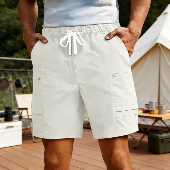 CIAKGIAF Men Shorts Cargo Shorts,with Pockets Workout Athletic Shorts,Elastic Waist White Drawstring Shorts,Size M