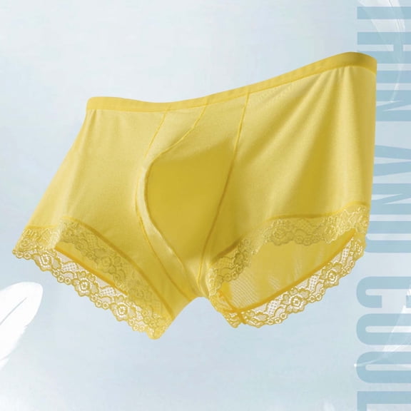JUSLIO Mens Boxers Briefs Mens Underwear Lace Trunks Low-Rise Breathable Comfortable Underwear Yellow L