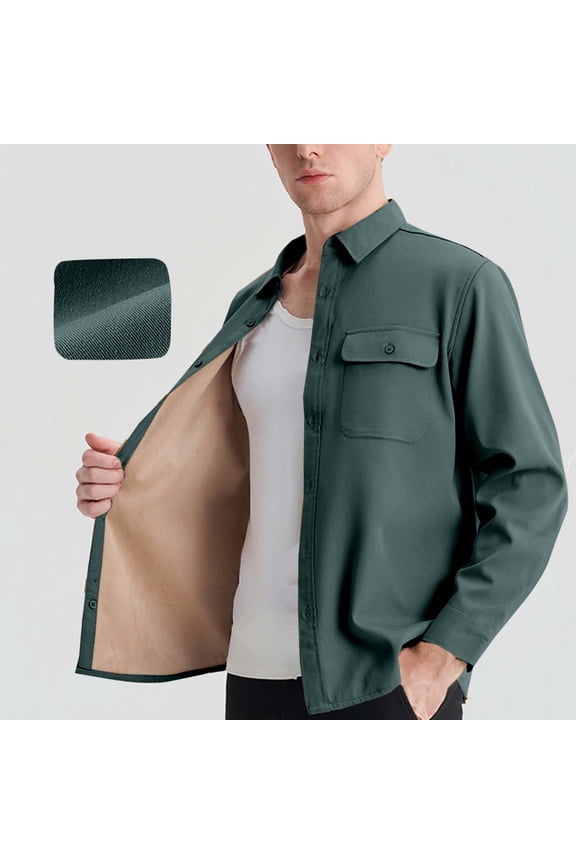 Mens Coats Adding Fleece Casual Pockets Long Sleeve Button Opening and Closing Coat Flip Collar Casual Jackets Fleece Coats Green L
