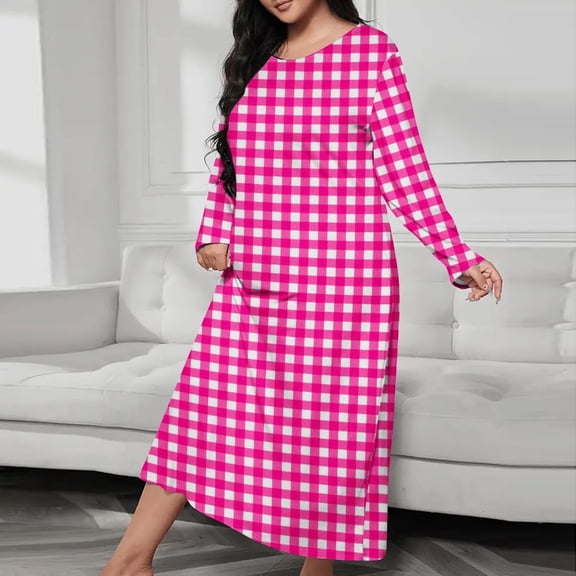JUSLIO Nightgowns for Women Plaid Loungewear Long Sleeve Robes Round Collar Pajama Hot Pink Sleepwear Nightgowns Nightgown Sleep Dress