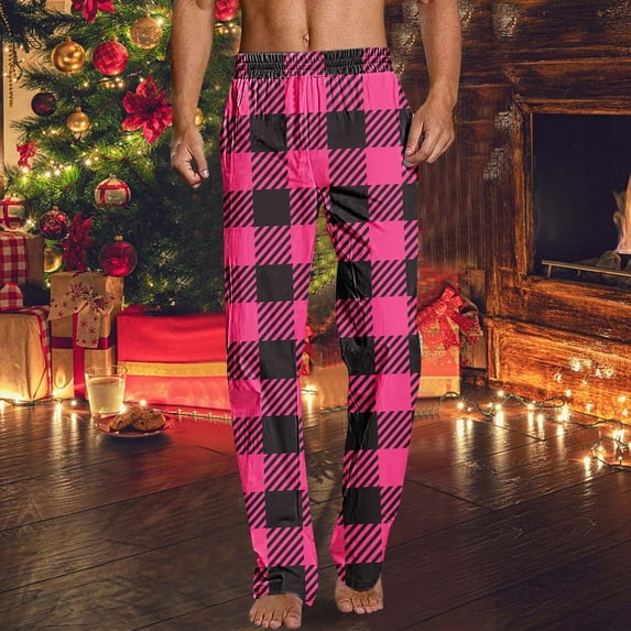JUSLIO Pajamas Mens Pajama Pants Print Lounge Straight Leg Warm Regular Fit Comfortable Pajama Pants Hot Pink Large