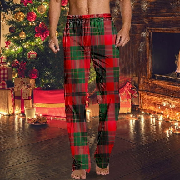 JUSLIO Pajamas Mens Pajama Pants Print Lounge Straight Leg Warm Regular Fit Comfortable Pajama Pants Red Medium