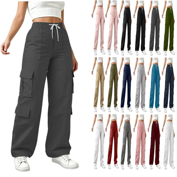 JUSLIO Cargo Pants for Women High Waist Wide Leg Cargo Pants Multi-Pocket Casual Trousers,Gray,XXL