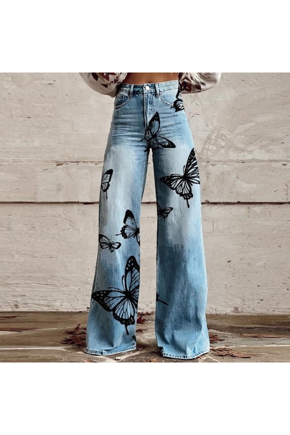 Womens Pants Butterfly Print Stretchy Straight Faux Jeans High Waist Plus Size Jeans,Sizes S-5XL