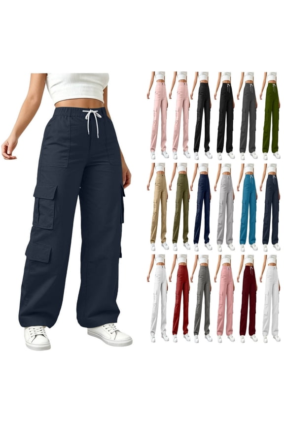 Pants for Women Multi-Pocket Casual Trousers High Waist Wide Leg Cargo Pants,Blue,L