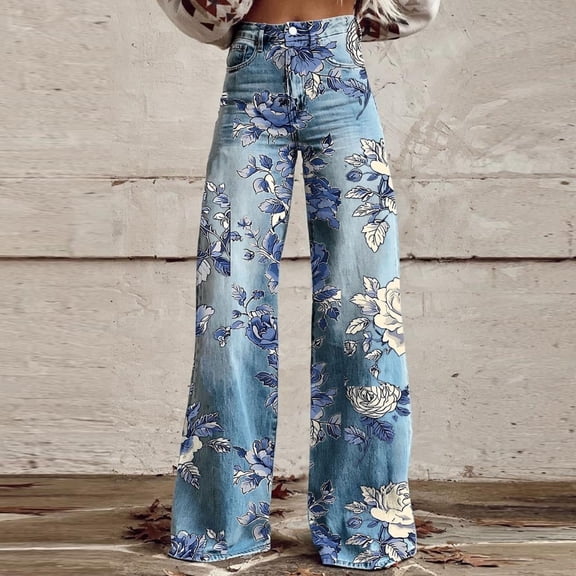 Juslio Jeans for Women Floral Print Plus Size Straight Jeans Stretchy High Waist Pants,Sizes S-5XL