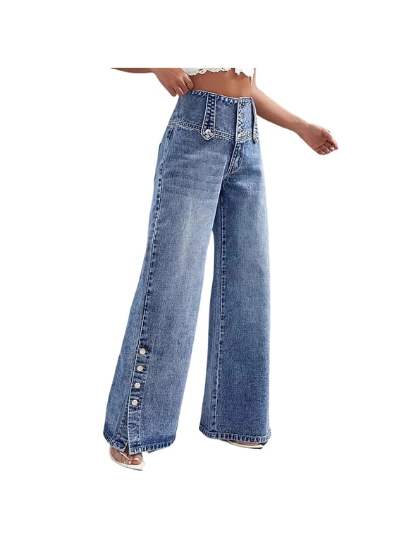 Pants for Women,High Waist Split Hem Retro Button Washed Wide Leg Denim Jeans