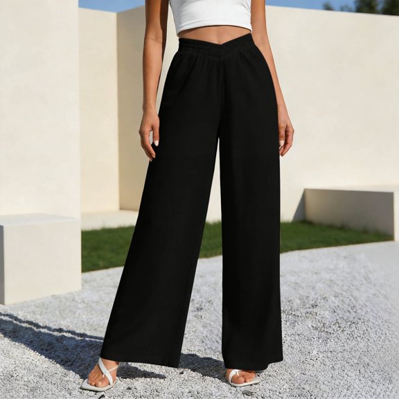 JUSLIO Pants for Women Linen Casual Comfort Waist Elastic Waist with Pockets Fashion Straight Pants