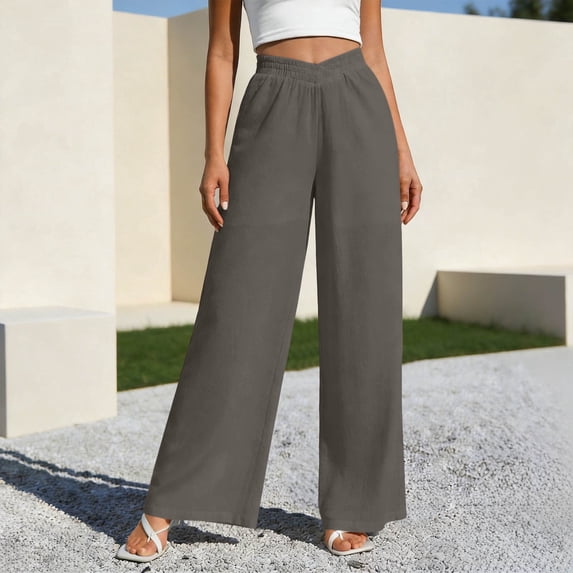 JUSLIO Pants for Women Linen Elastic Waist with Pockets Fashion Casual Comfort Waist Straight Pants