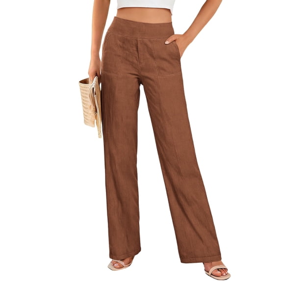 JUSLIO Pants for Women Linen High Waist Loose with Pockets Fashion Casual Straight Pants