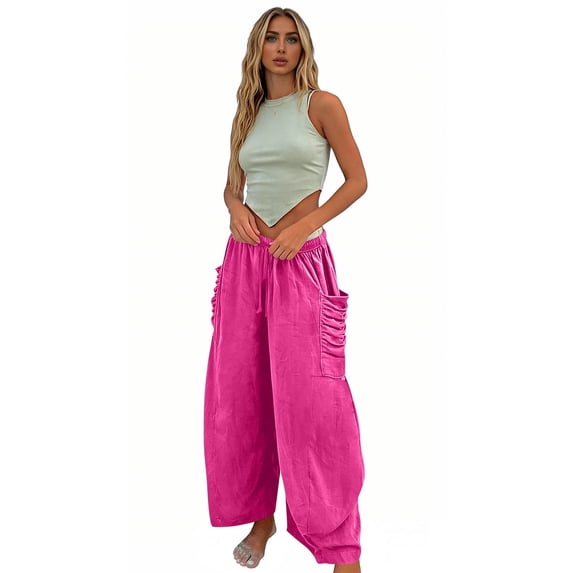 JUSLIO Pants for Women Linen Pleated Casual Drawstring Stretchy with Pockets Loose Straight Pants