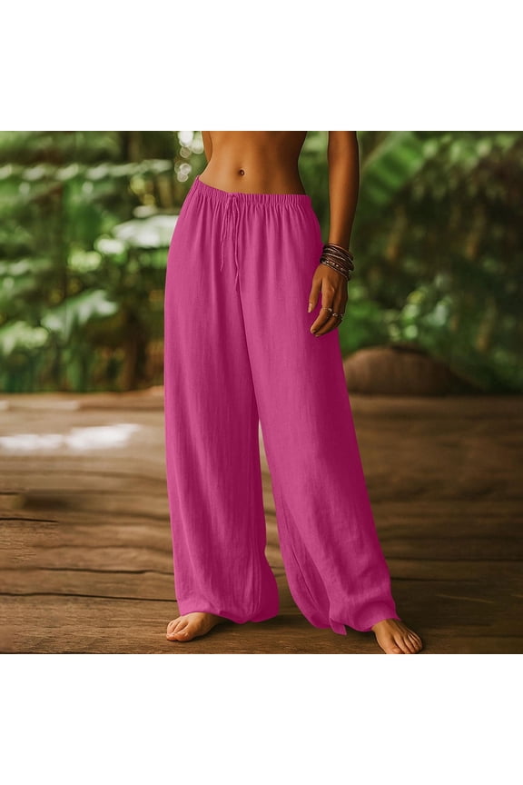 Pants for Women Plus Size Drawstring Linen Loose Elastic Waist with Pockets High Waist Straight Pants