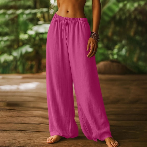 JUSLIO Pants for Women Plus Size Drawstring Linen Loose Elastic Waist with Pockets High Waist Straight Pants
