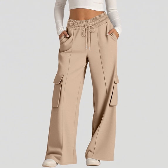 CIAKGIAF Pants for Women Solid Drawstring Cargo Wide-leg Pants Cargo Pants with Pockets Outdoor Workout Business Casual Cargo Pants Khaki XL