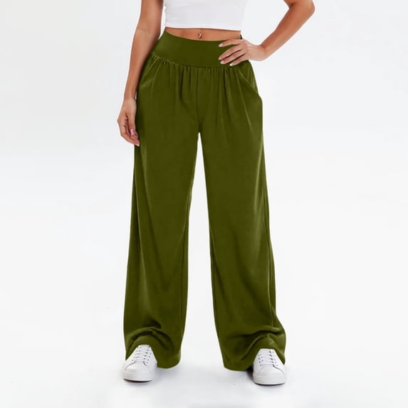 JUSLIO Pants for Women Sweatpants High Waist Elastic Waist Solid Casual with Pockets Wide leg Pants L