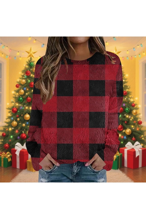 Plaid Blouses for Women Warm Fleece Shirts Tops Graphic Long sleeve Round Neck Shirts Tops Red S