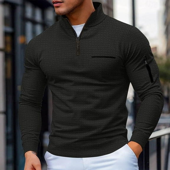 JUSLIO Plaid Shirts for Men Zipper Solid Tops Half-Zip Long sleeve Stand Collar Tops Black S