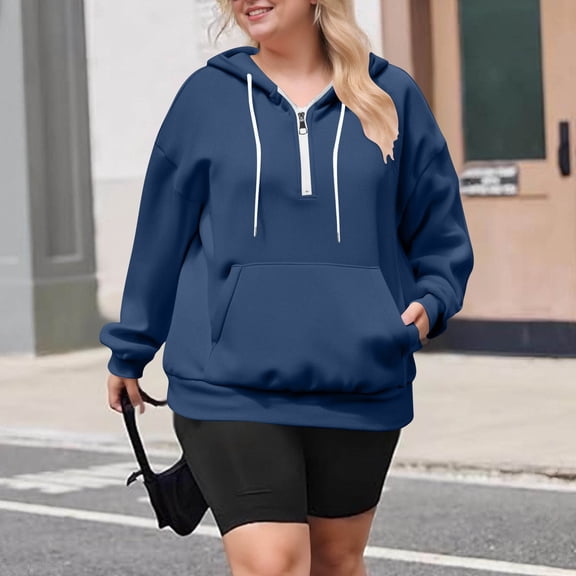 JUSLIO Plus Size Shirts for Women Zipper Solid Hoodies Fashion Long sleeve Hoodies Blue 5XL