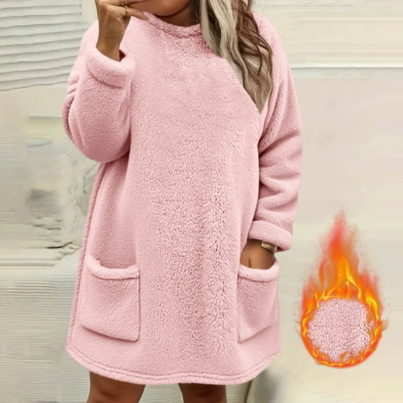 JUSLIO Plus Size Womens Tops Relaxed Fit Fleece Shirts with Pockets Long sleeve Round Neck Shirts Pink 2XL