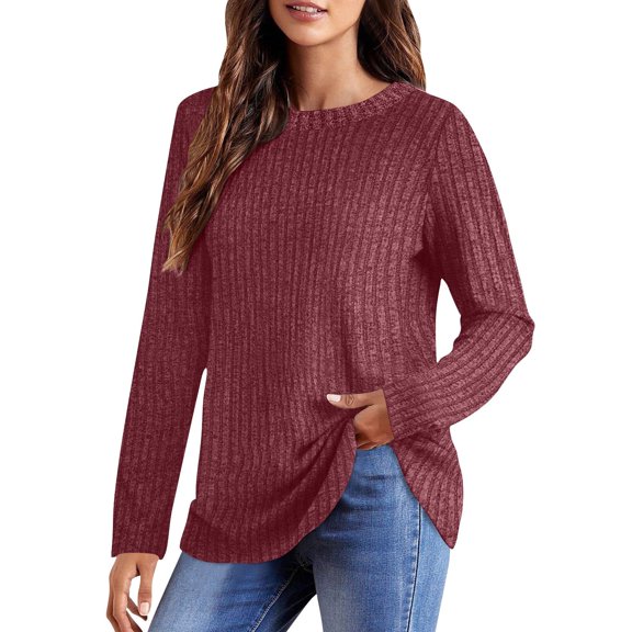 JUSLIO Ribbed Womens Blouses Relaxed Fit Solid Shirts Tops Fashion Long sleeve Round Neck Shirts Tops Red S