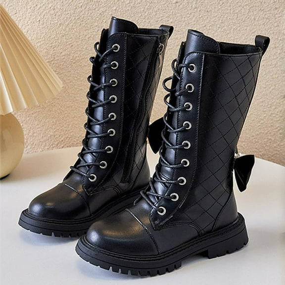 JUSLIO Shoes for Girls Girls Boots Bow Knee-High Boots Zipper Princess (Toddler/Little Kid/Big Kid) Shoes 28(US:11 M) Black