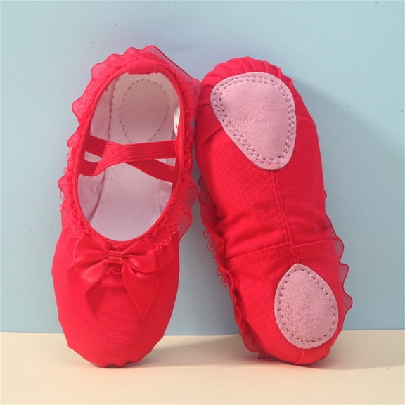 JUSLIO Shoes for Girls Soft Sole Bow Dance Shoes Canvas (Toddler/Little Kid/Big Kid) Ballet Flats 23(US:8) Red