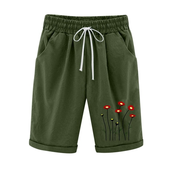 JUSLIO Shorts Women,Elastic Waist Casual Drawstring Waist 5" Mid-Length Shorts,Faux Linen Graphic Shorts,,Army Green,Size L