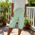 thumbnail image 1 of JUSLIO Shorts Women,Lightweight Casual High Waist 5" Mid-Length Shorts,Faux Linen Striped,Green,Size L, 1 of 8