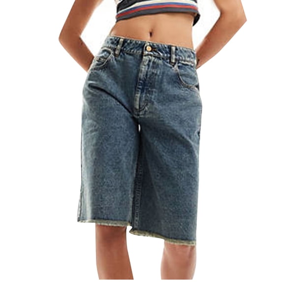 JUSLIO Shorts Women,Lightweight with Pockets Button 5" Mid-Length Shorts,Denim Zipper,Blue,Size L
