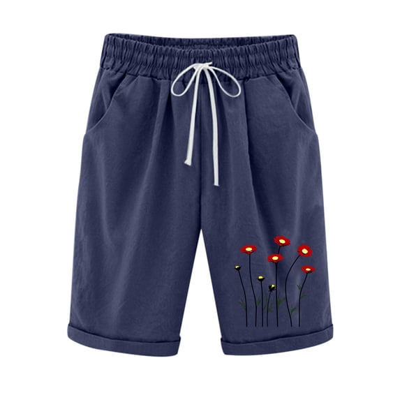 JUSLIO Shorts for Women,Casual Drawstring Waist 5" Mid-Length Shorts,Faux Linen Plus Size Elastic Waist,Navy,Size XXL