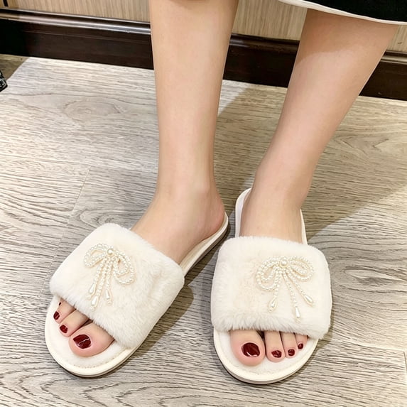 JUSLIO Slippers for Women Open Toe Slides Slip On Fuzzy Plush Flat Sole Non Slip Indoor House Slippers White