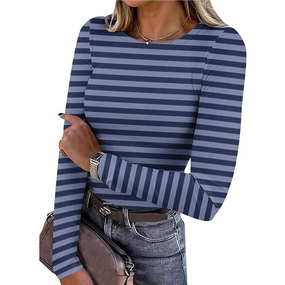 JUSLIO Striped Shirts for Women Knit Graphic Blouses Fashion Long sleeve Round Neck Blouses Navy 2XL