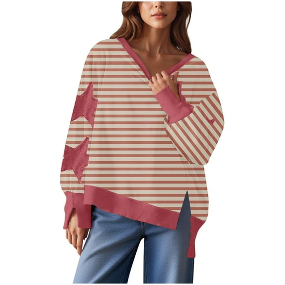 JUSLIO Striped Womens Blouses Relaxed Fit Casual Shirts Tops Fashion Long sleeve Round Neck Shirts Tops Pink L