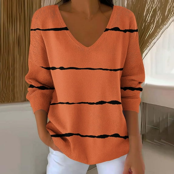 JUSLIO Striped Womens Blouses Relaxed Fit Graphic Shirts Tops Fashion Long sleeve V Neck Shirts Tops Orange 5XL