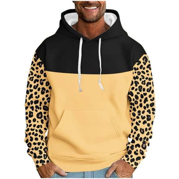 JUSLIO Sweatshirts for Men Hooded Vintage Leopard Print Hoodies Sporty Comfortable Everyday Long Sleeve Sweatshirts