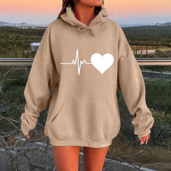 JUSLIO Sweatshirts for Women Hooded Hearts Graphic Hoodies Everyday Long Sleeve Casual Comfortable Sweatshirts