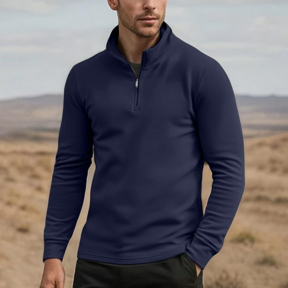 JUSLIO Velvet Long Sleeve T Shirts for Men Zipper Warm Tops Half-Zip Long sleeve Stand Collar Tops Navy M