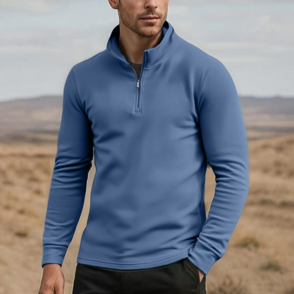 JUSLIO Velvet Mens Shirts Zipper Warm Tops Half-Zip Long sleeve Stand Collar Tops Blue L