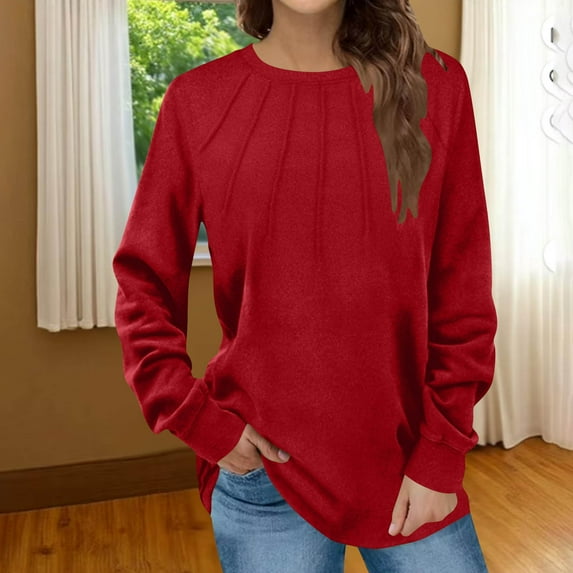 JUSLIO Velvet Shirts for Women Fleece Pullover Blouses Solid Long sleeve Round Neck Ruched Blouses Red S