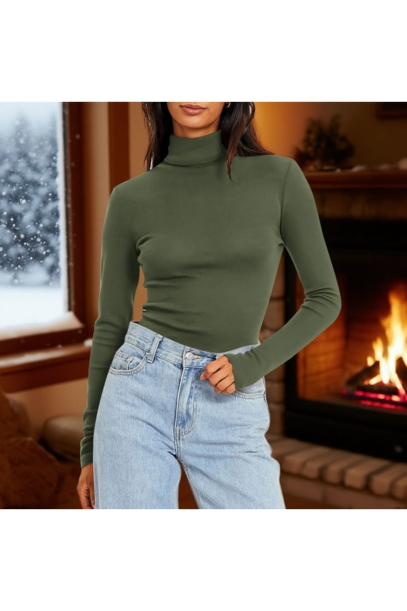 Velvet Womens Blouses Warm Fleece Shirts Tops Solid Long sleeve Turtleneck Shirts Tops Army Green 2XL
