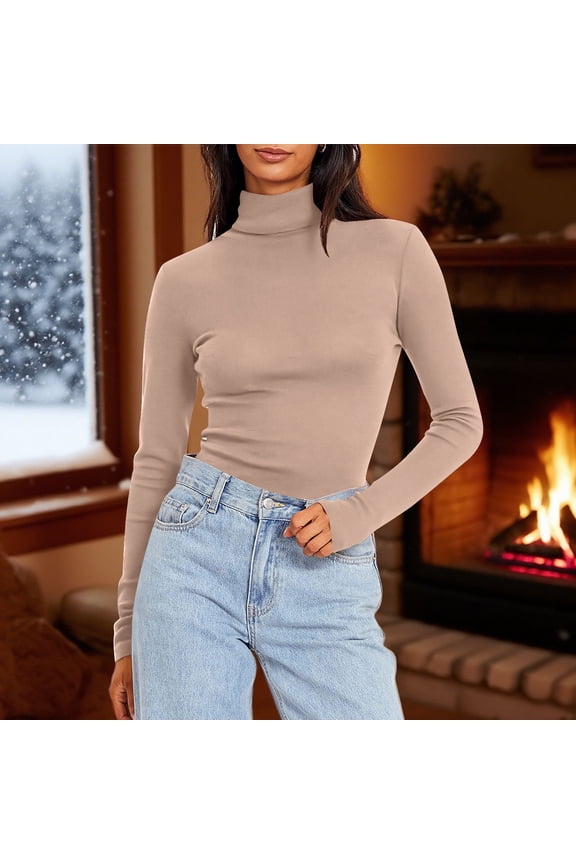 Velvet Womens Blouses Warm Fleece Shirts Tops Solid Long sleeve Turtleneck Shirts Tops Khaki M