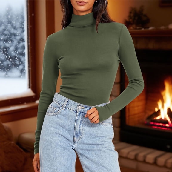 JUSLIO Velvet Womens Shirts Warm Fleece Blouses Solid Long sleeve Turtleneck Blouses Army Green S