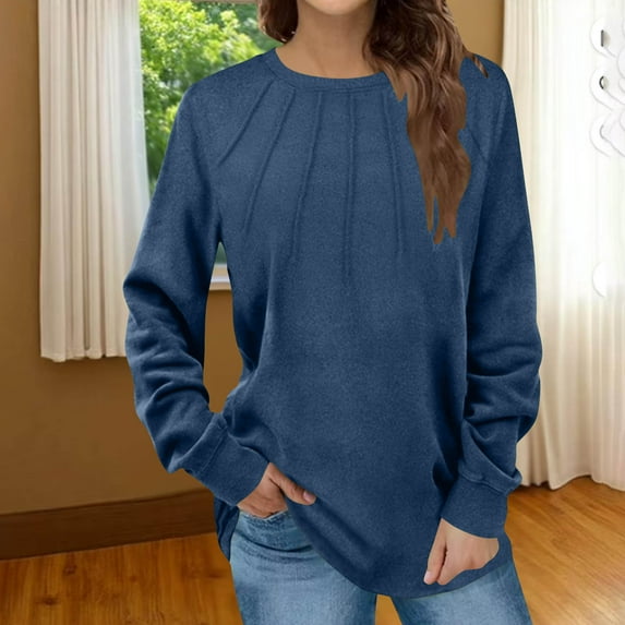 JUSLIO Velvet Womens Tops Fleece Pullover Shirts Solid Long sleeve Round Neck Ruched Shirts Blue L