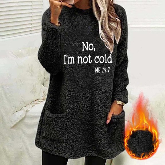 JUSLIO Warm Blouses for Women Fleece with Pockets Shirts Tops Graphic Long sleeve Round Neck Shirts Tops Black S