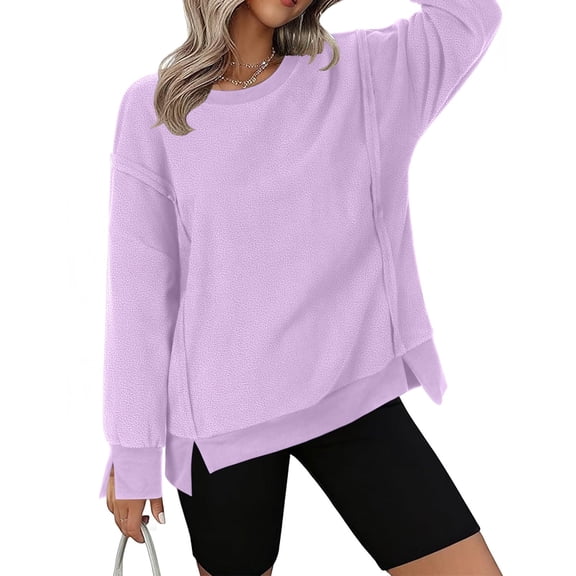 JUSLIO Warm Womens Blouses Fleece Solid Sweatshirts Fashion Long sleeve V Neck Sweatshirts Purple S