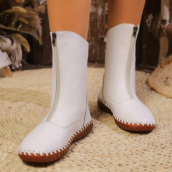 JUSLIO Winter Boots for Women Ankle Boots Low Heels Zipper Solid Color Fashion Casual Slip On Round Toe Womens Boots