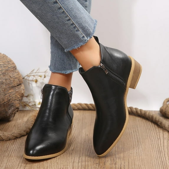JUSLIO Winter Boots for Women Chunky Heel Boots Pointed Toe Ankle Boots Low Heels Solid Color Zipper Womens Boots