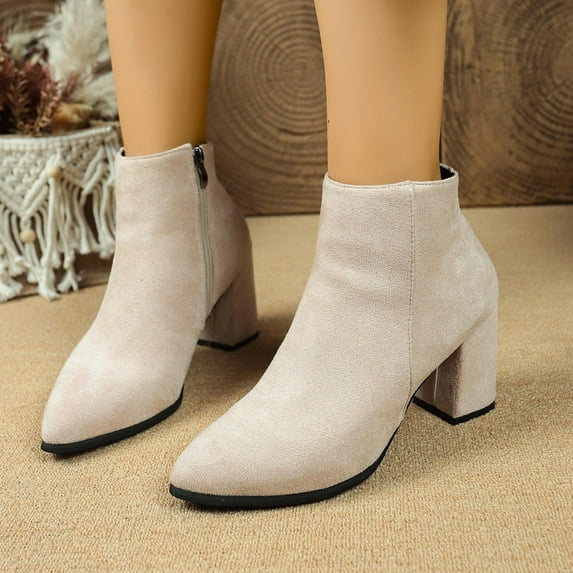 JUSLIO Winter Boots for Women Chunky Heel Boots Pointed Toe Ankle Boots Solid Color Fashion Casual Slip On Zipper Womens Boots