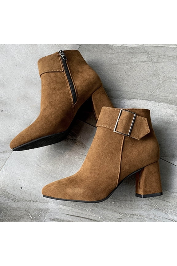 Winter Boots for Women Chunky Heel Boots Pointed Toe High Heel Solid Color Fashion Casual Slip On Zipper Womens Boots