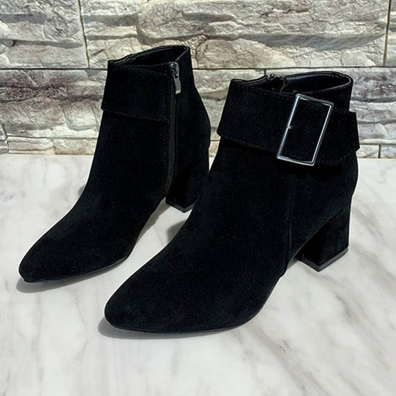 JUSLIO Winter Boots for Women Chunky Heel Boots Pointed Toe High Heel Solid Color Fashion Casual Slip On Zipper Womens Boots